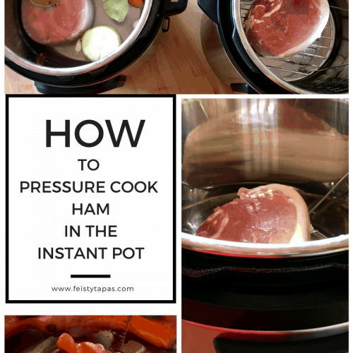 Graphic collage showing the two different methods that can be found in the Feisty Tapas Feisty Tapas How to pressure cook ham or gammon joint in the Instant Pot article