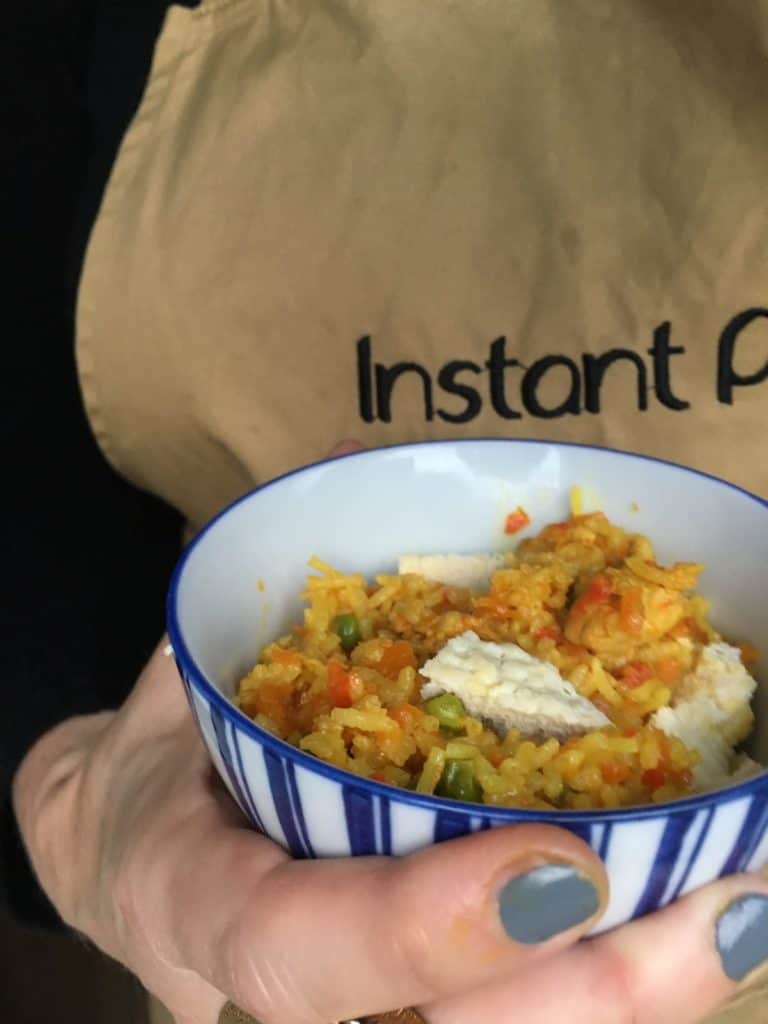 Instant Pot Nasi Goreng Fried Rice served in stripy bowl