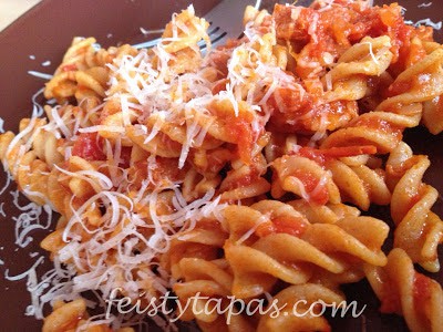 pasta twists, chorizo, chopped tomatoes, parmesan cheese,
