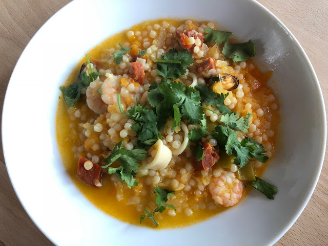 Instant Pot Giant Cous Cous with Seafood - Giant Cous Cous from Aldi, Mixed Seafood selection with cooked frozen mussels, squid rings and king prawns from Tesco, chorizo and vegetables. So good! Instant Pot Giant Cous Cous with Seafood