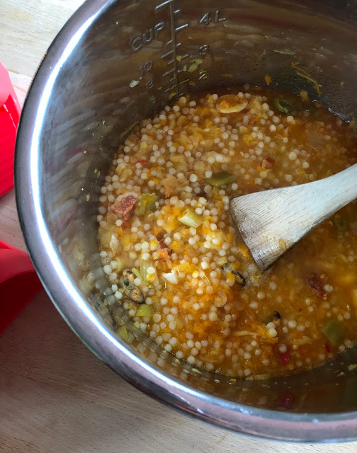 Instant Pot Giant Cous Cous with Seafood - Giant Cous Cous from Aldi, Mixed Seafood selection with cooked frozen mussels, squid rings and king prawns from Tesco, chorizo and vegetables. So good! Instant Pot Giant Cous Cous with Seafood