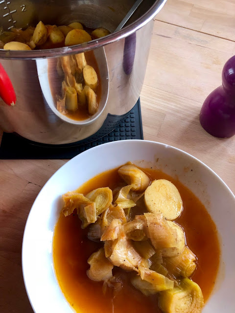 Instant Pot Leek, Potato and Paprika Soup Instant Pot Leek, Potato and Paprika Soup served on a deep white plate with the Instant Pot's stainless steel inner pot in the background. A quick and delicious pressure cooked soup