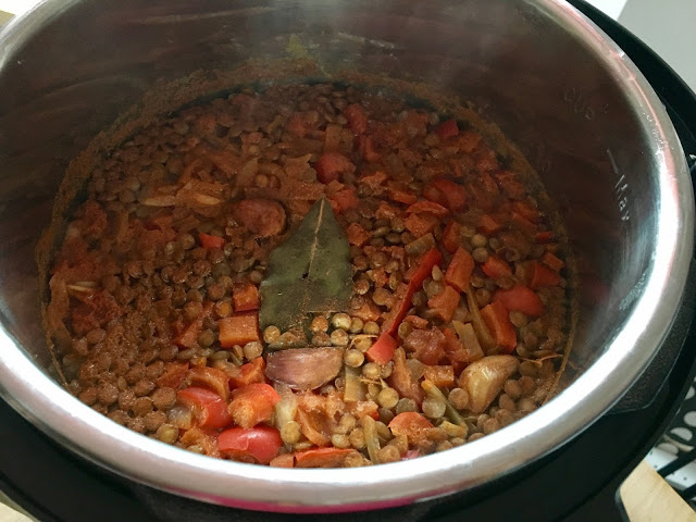 The Spanish Lentil Soup right after opening the lid after pressure cooking and before stirring