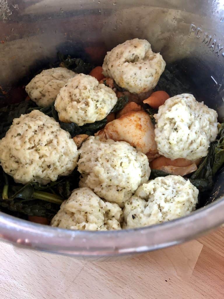 Instant Pot Chicken Stew with Suet-Free Dumplings ready to eat still in the Instant Pot DUO's stainless steel inner pot