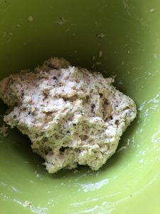 Photo of the homemade dumpling mix for Instant Pot Chicken Stew with Suet-Free Dumplings recipe shown in a green mixing bowl