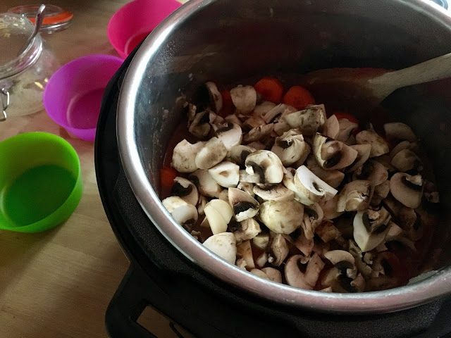 Instant Pot Pressure Cooker Chocolatey Beef Stew Feisty Tapas Instant Pot Pressure Cooker Chocolatey Beef Stew - step 2 mushrooms going in