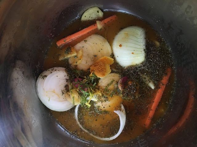 Instant Pot Lemony Whole Chicken by Feisty Tapas - Vegetable, spice, herb layer with stock and other ingredients