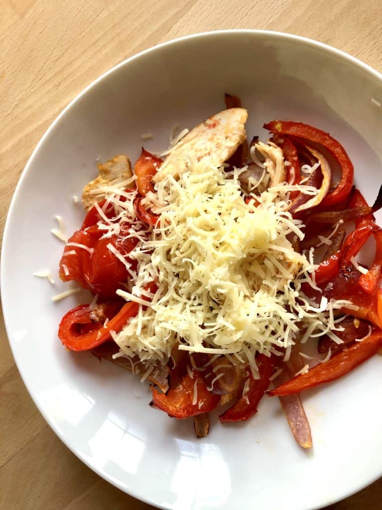 Air Fryer Roasted Vegetables with Leftover Chicken recipe by Feisty Tapas served with cheese