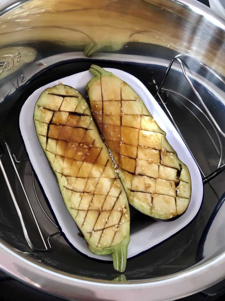 Aubergines ready to glaze in Instant Pot Duo Crisp