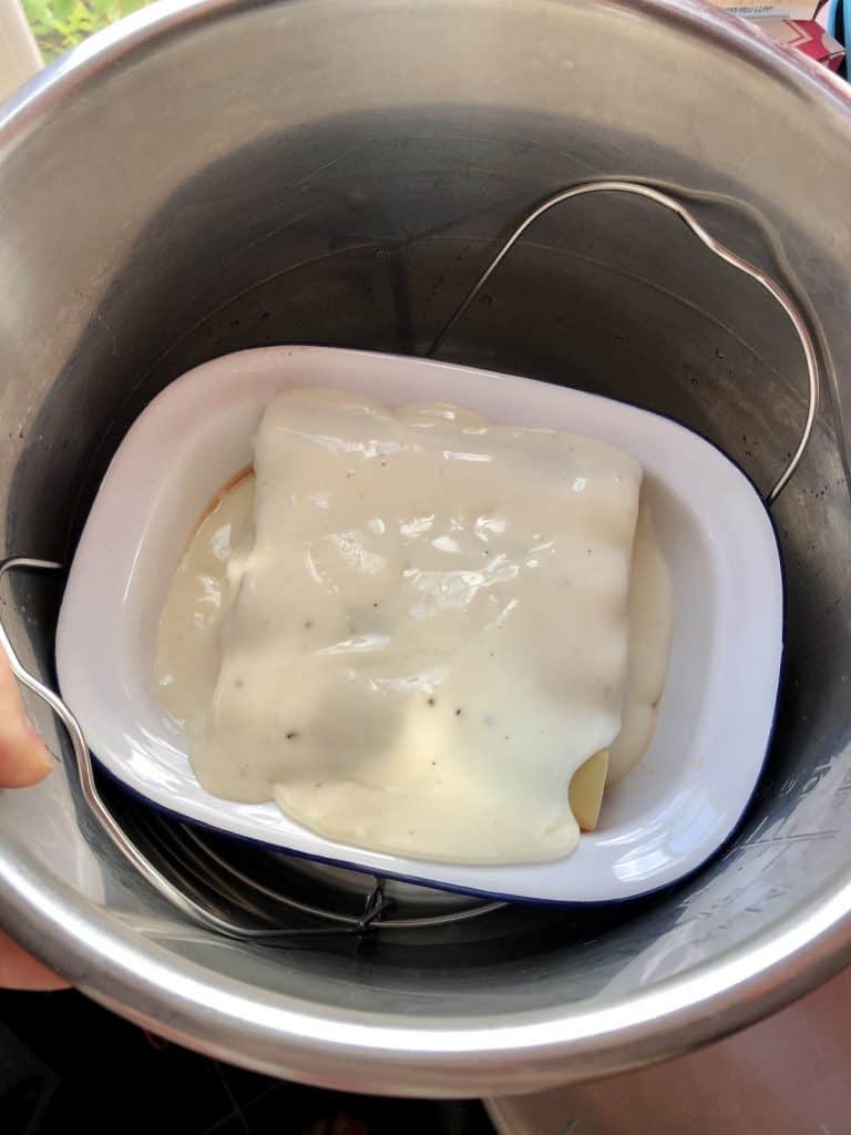 Instant Pot Tuna Cannelloni - a delicious and super easy all-in-one dish - enamel dish on trivet with water underneath