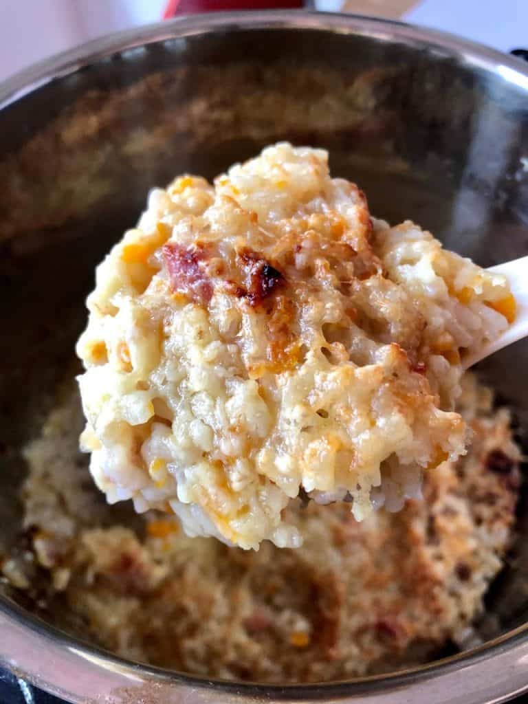 A scoop of delicious Feisty Tapas Gammon Rice cooked with leftover gammon stock and gammon in the Instant Pot Duo Crisp.