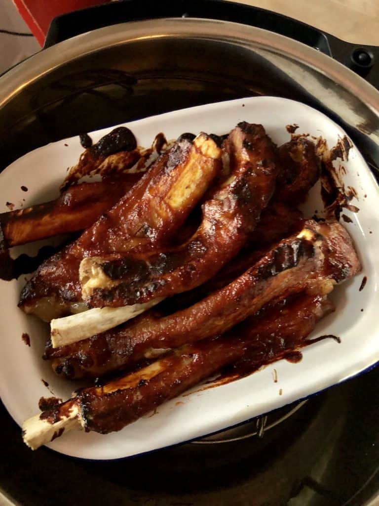 Instant Pot BBQ Pork ribs just finished still on trivet in the Instant Pot Duo Crisp inner pot