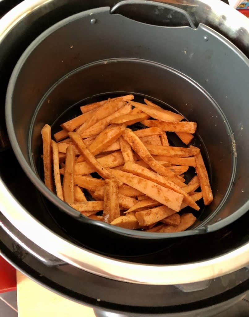 Photo of the prepared Sweet Potato sticks ready to air fry in the Instant Pot Duo Crisp