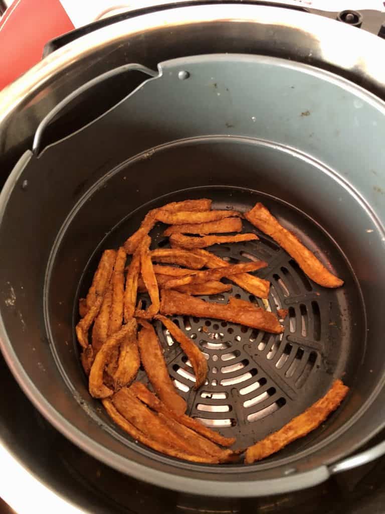 View from above of the air fried sweet potato fries inside the basket of the Instant Pot Duo Crisp