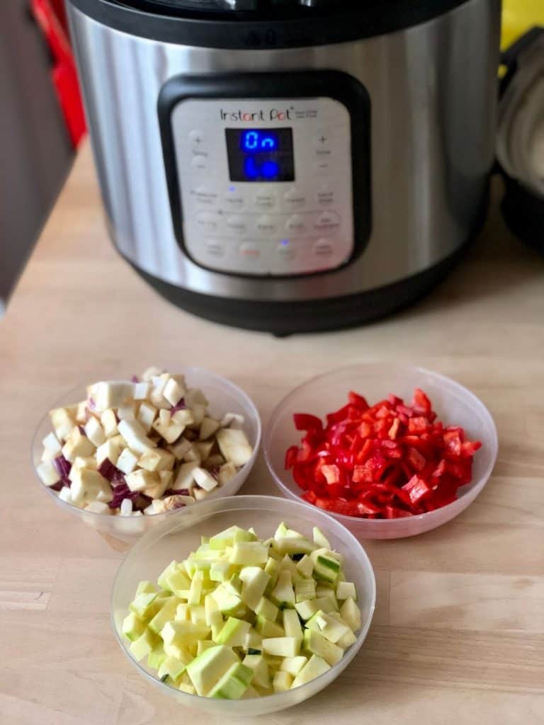 Ingredients for Instant Pot Ratatouille Pasta all prepared