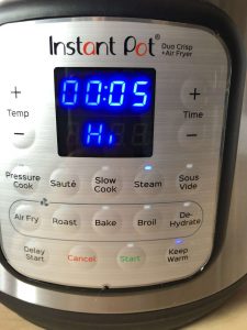 Instant pot Duo Crisp Roast Parsnips programmed pressure cooking time