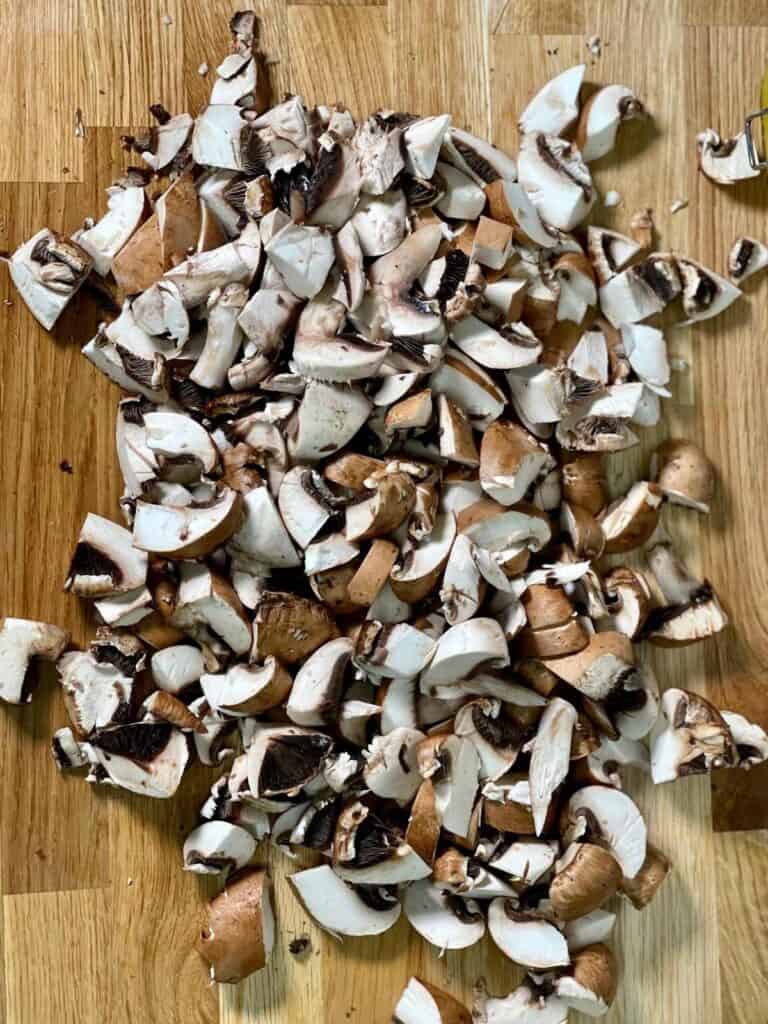 Photo of the chopped up bite-sized mushrooms for vegan mushroom stew