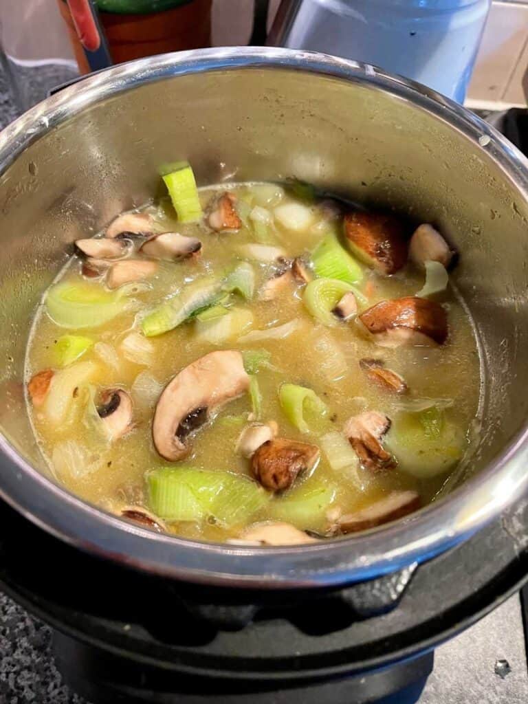 Pressure Cooker Leek Risotto after sauteing and before closing the lid to pressure cook