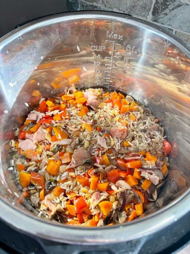 Pressure Cooker Egg Fried Rice-ish - right after pressure cooking, still in the inner pot