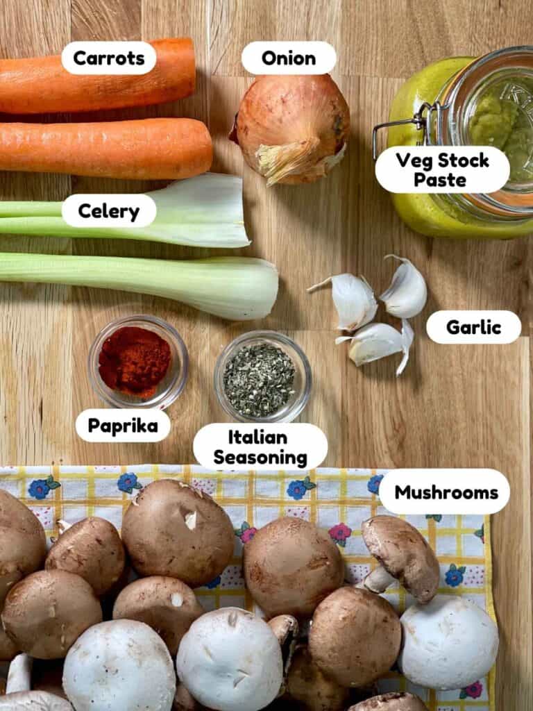 Photo of the Ingredients for Pressure Cooked Vegan Mushroom Stew, labels show the name of each one