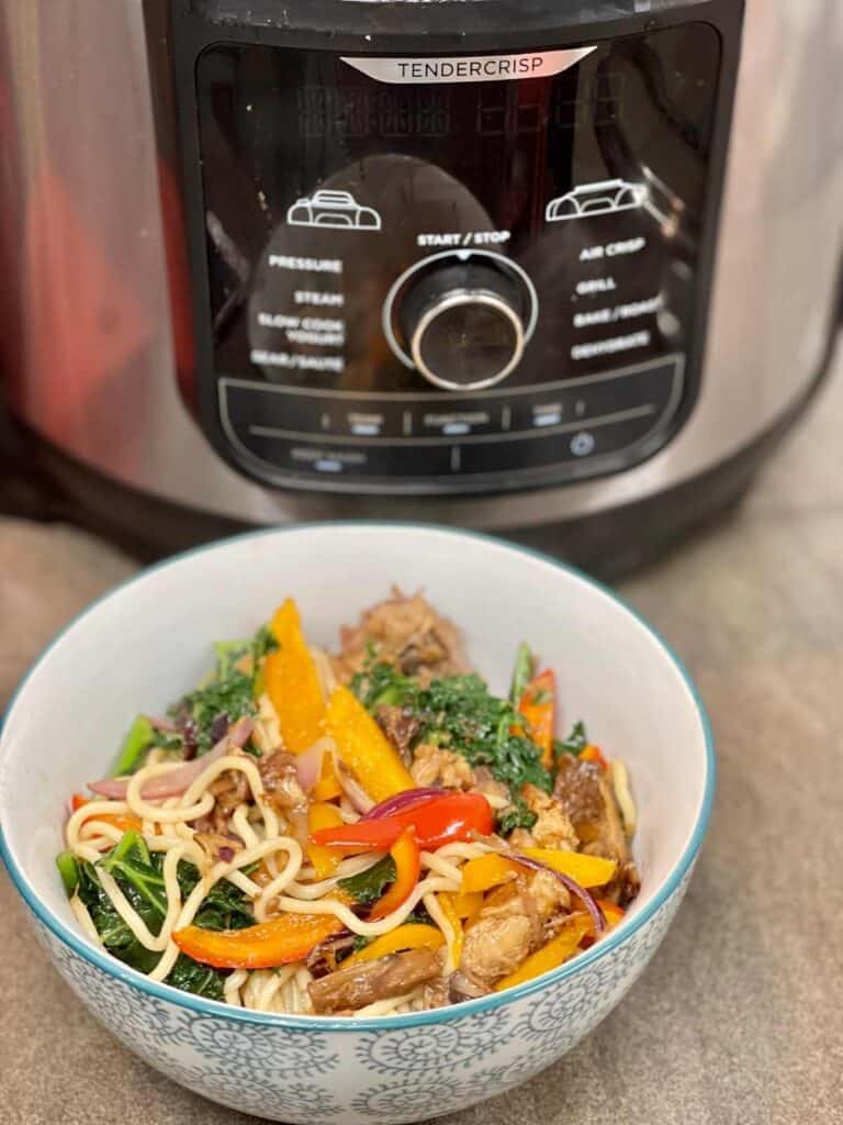 Pressure cooker braised pork belly stirred through noodles served in a bowl with the Ninja Foodi Max multicooker in the background