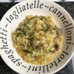 Photo of the pressure cooked risotto seen from above on a white plate that makes it look rather funny (the plate has the words spaghetti, tortellini, tagliatelle, cannelloni printed in black all around the rim)