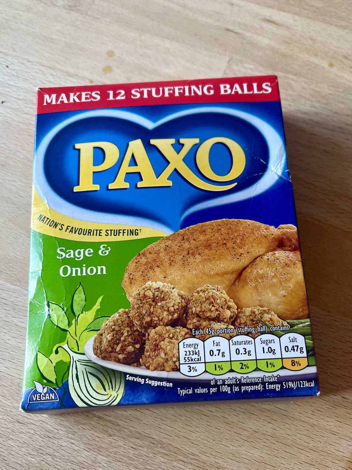 Photo of Paxo Sage and Onion Packet against a light wooden surface