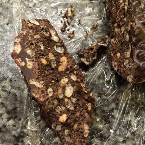 Close-up photo of a slice of Spanish Chocolate Turrón (Turrón de chocolate tipo Suchard) cooked with the Thermomix Method, seen from above