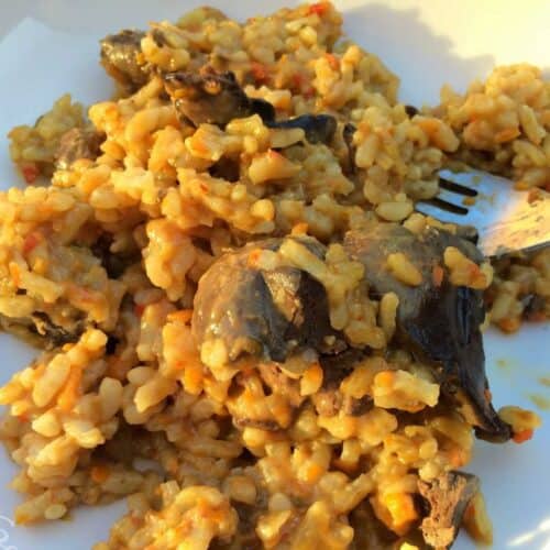 Photo of Thermomix Chicken Liver Rice seen on a white plate with a fork on the top right