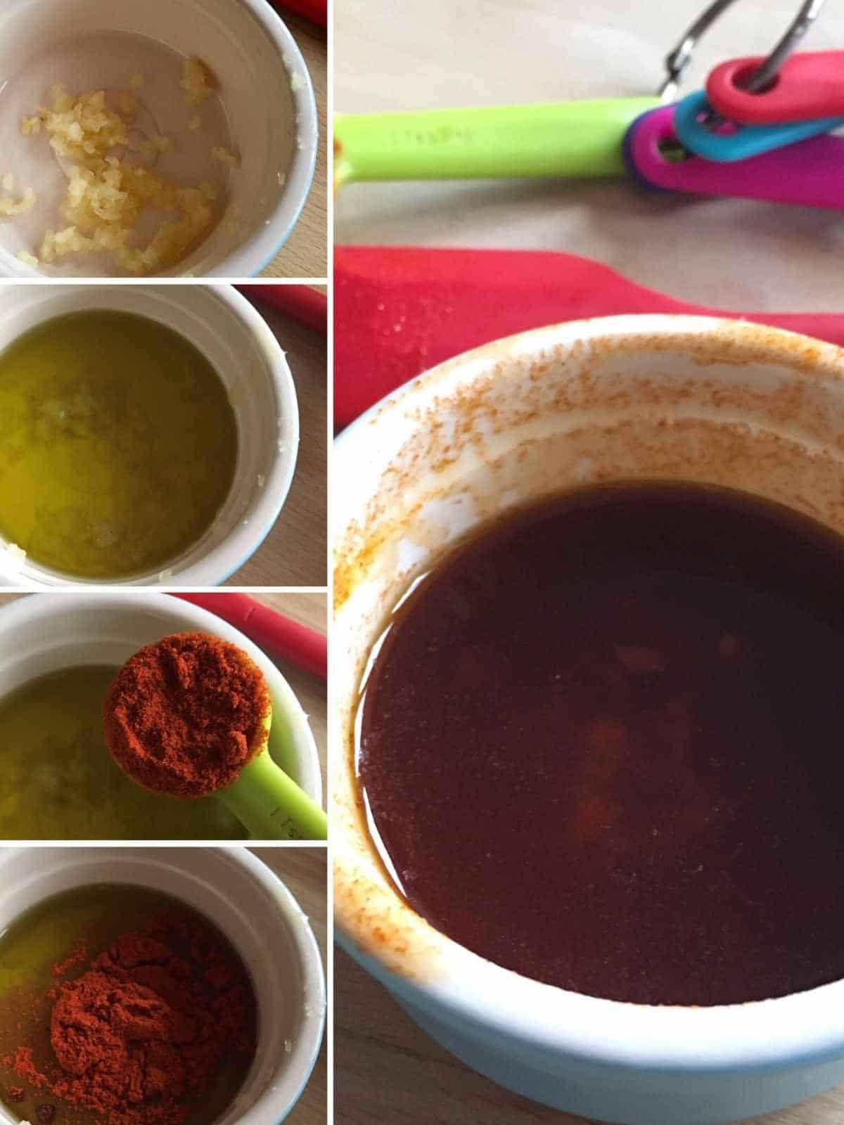 Photo collage of the steps to create the paprika, garlic oil for the chard