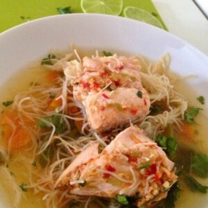 Coriander and Chilli Steamed Salmon on a bed of noodle soup after cooking