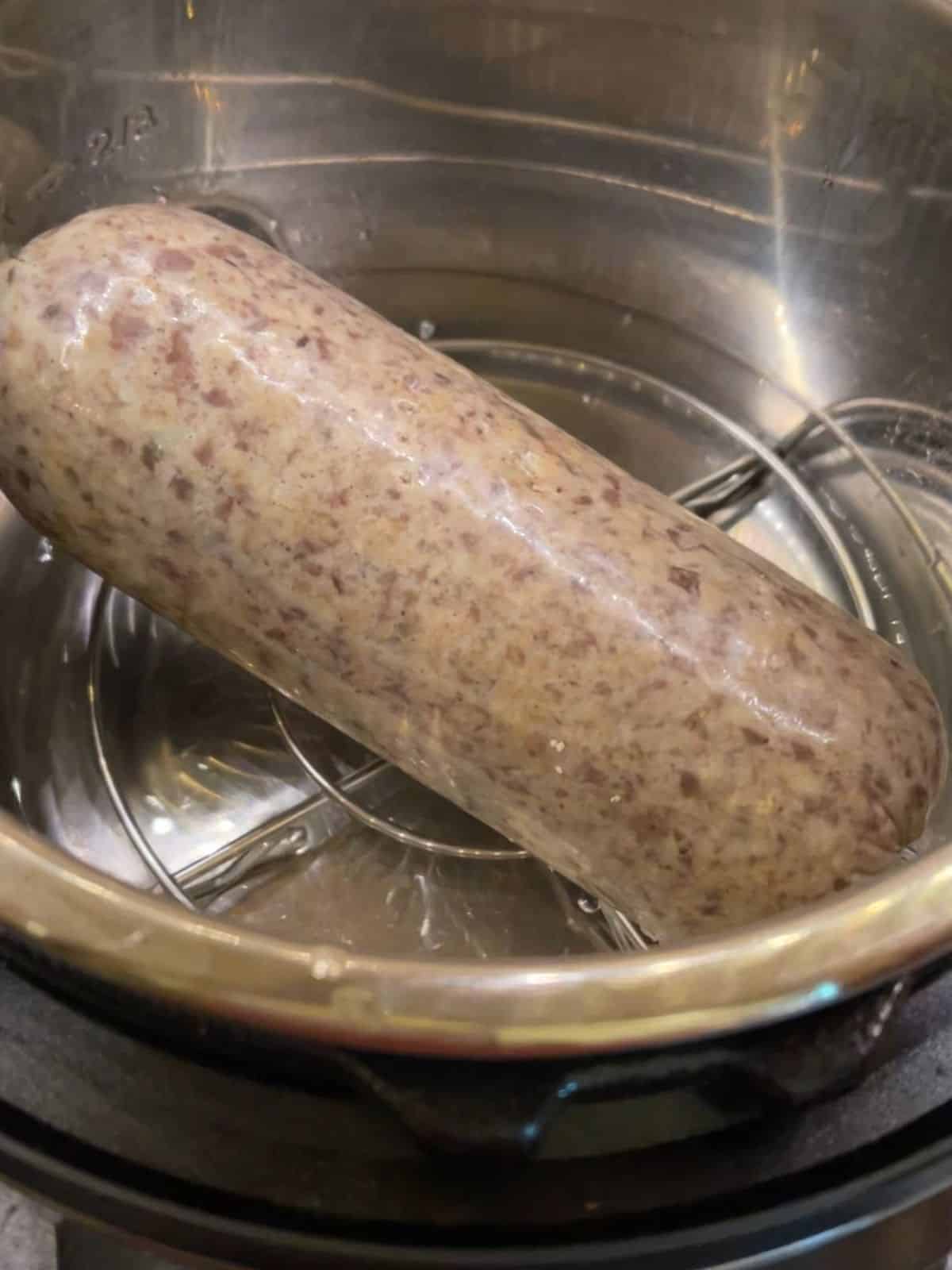 Photo of a MacSween Haggis seen on top of the trivet or steam rack inside the inner pot of an Instant Pot Duo