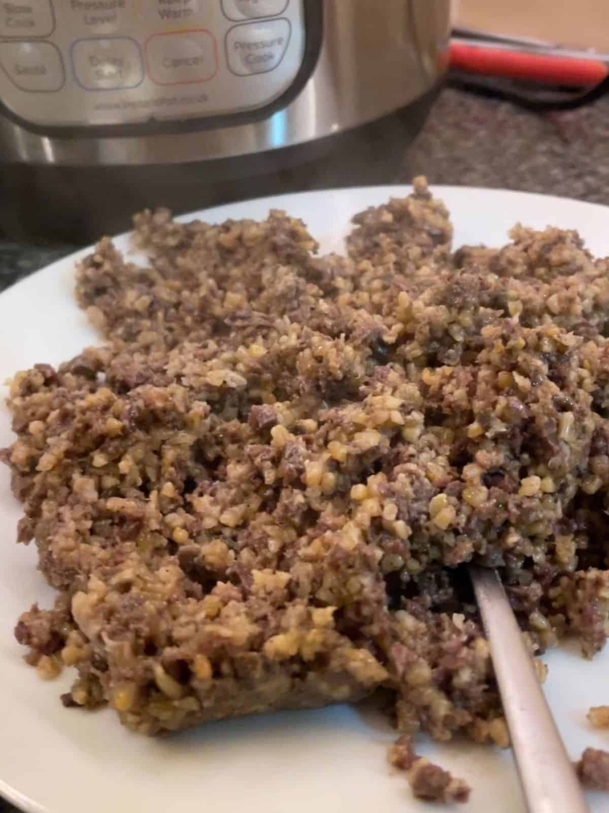 Photo of a pressure cooked haggis with the film removed and ready to eat, there's an Instant Pot Duo in the background