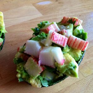 Photo of one of the two avocado and seafood stick cups that the recipe makes, one for you one for me (or do you not share?)