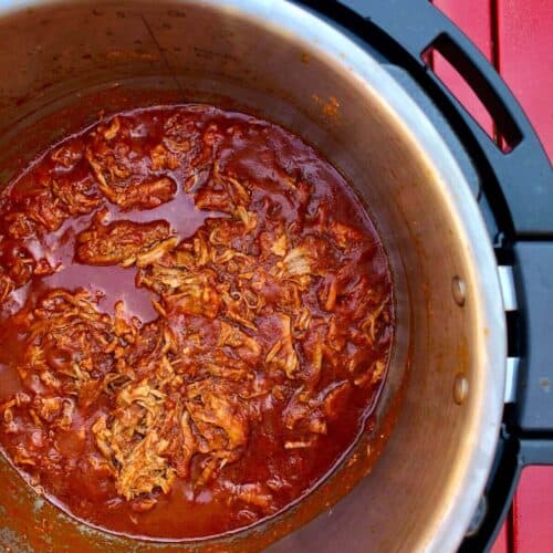 The delicious BBQ Pulled pork seen from above inside an Instant Pot