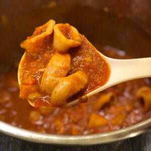 Image of a spoonful of tender, pressure cooked Instant Pot squid stew