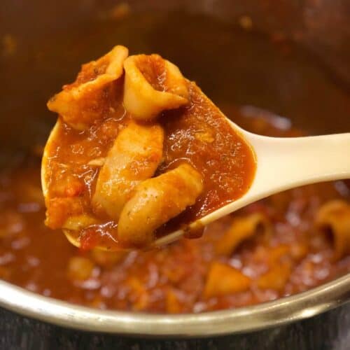 Image of a spoonful of tender, pressure cooked Instant Pot squid stew