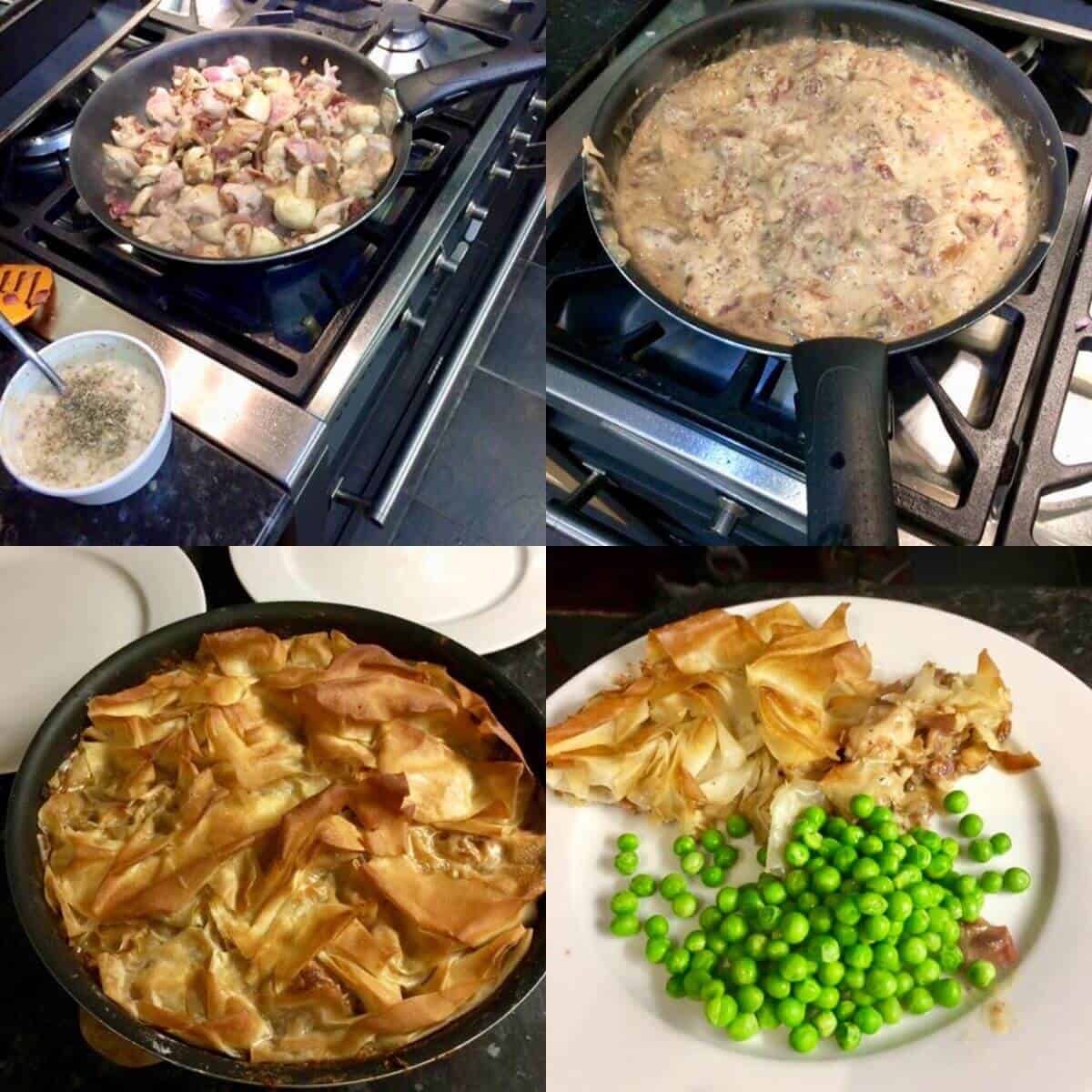 Photo collage showing the different steps of the recipe for Lucy's Easy Chicken and Bacon Filo Pie