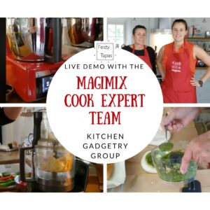 Collage with 4 photos taken from the vide, the words Live demo with the Magimix Cook Expert Team Kitchen Gadgetry Group appear in a white circle