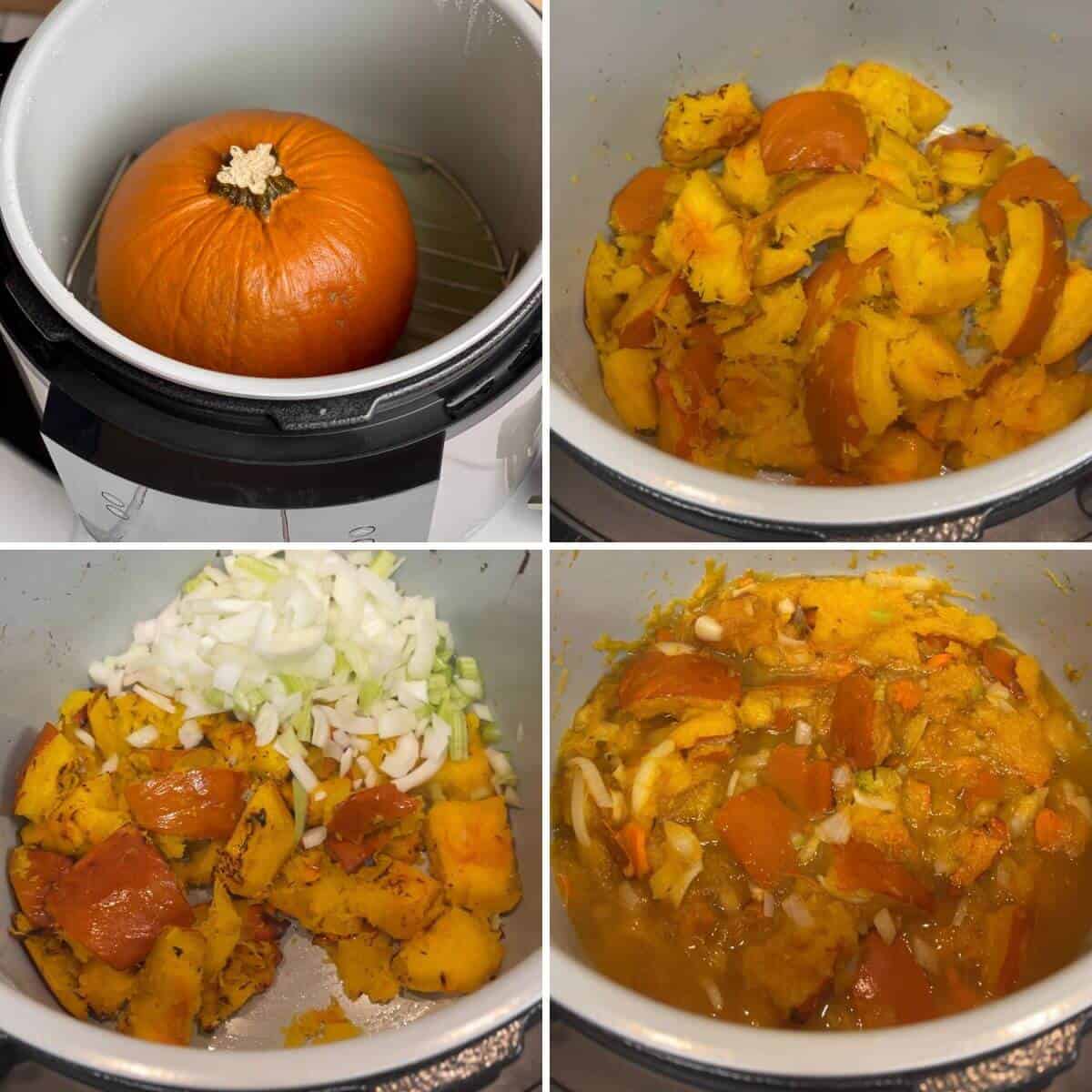 Photo collage with the different steps for this soup, all inside the inner pot; top left is the pressure cooked whole pumpkin, top right is the pumpkin chunks, bottom left is the addition of onion etc, and bottom right is the added stock and spices before blending