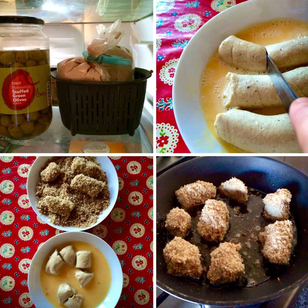 Collage made up of four photos showing the process: top left is the piping bags in the fridge, top right is the béchamel being sliced after piping it, bottom left is two plates (one for coating in egg and one for breading) and bottom right is the croquettes being fried in oil